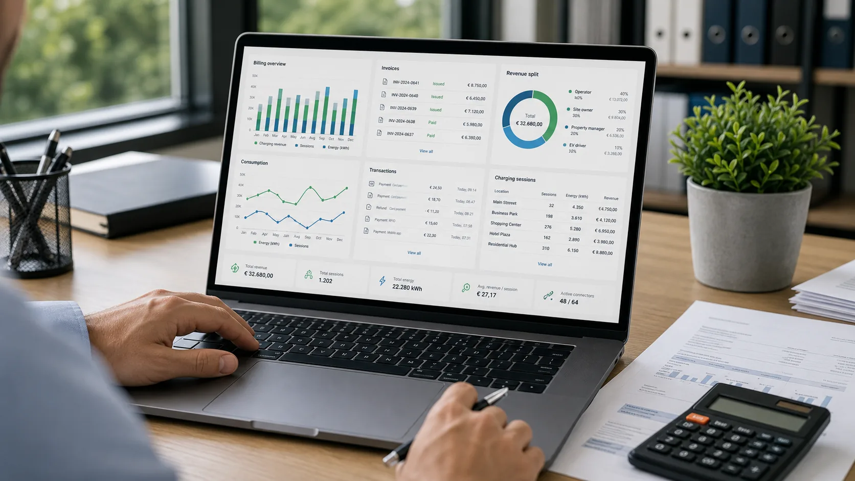 EV charging billing dashboard with accounting and revenue split data