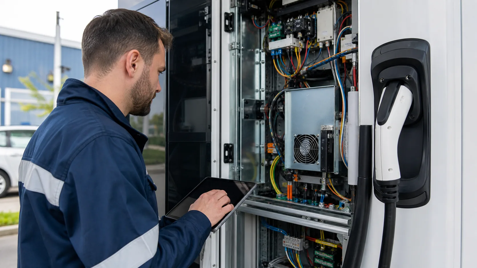 Technician servicing EV charging hardware for infrastructure planning