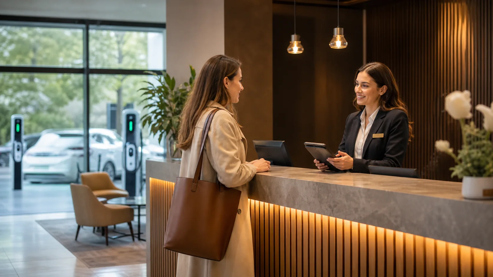 Hotel reception handling guest EV charging access and billing