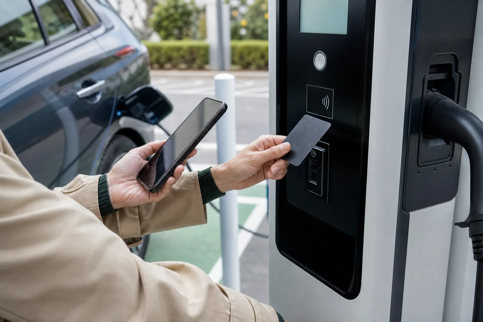 Driver using contactless payment and smartphone at an EV charger